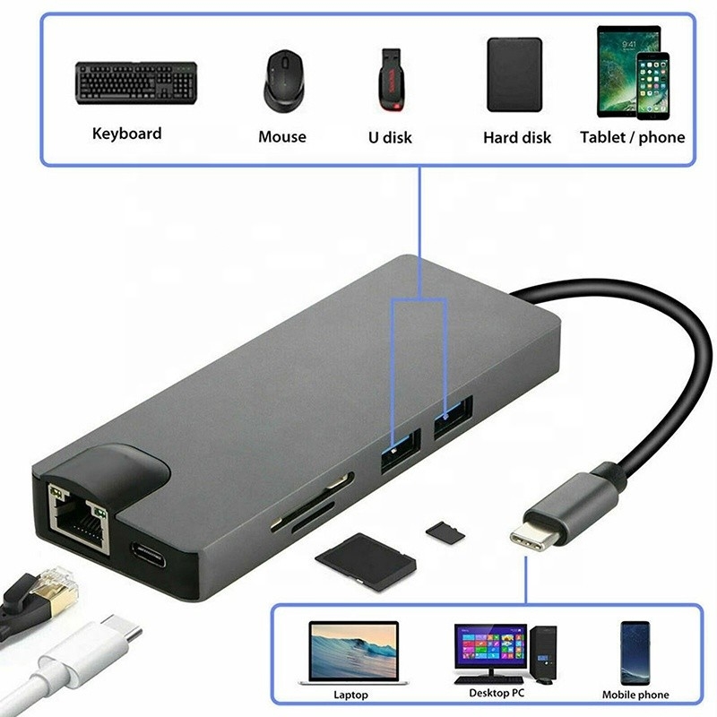8-في-1 محور USB C Type-C Type C 3.1 إلى 4K HDMI HDTV RJ45 Lan Ethernet PD محور محول USB3.0