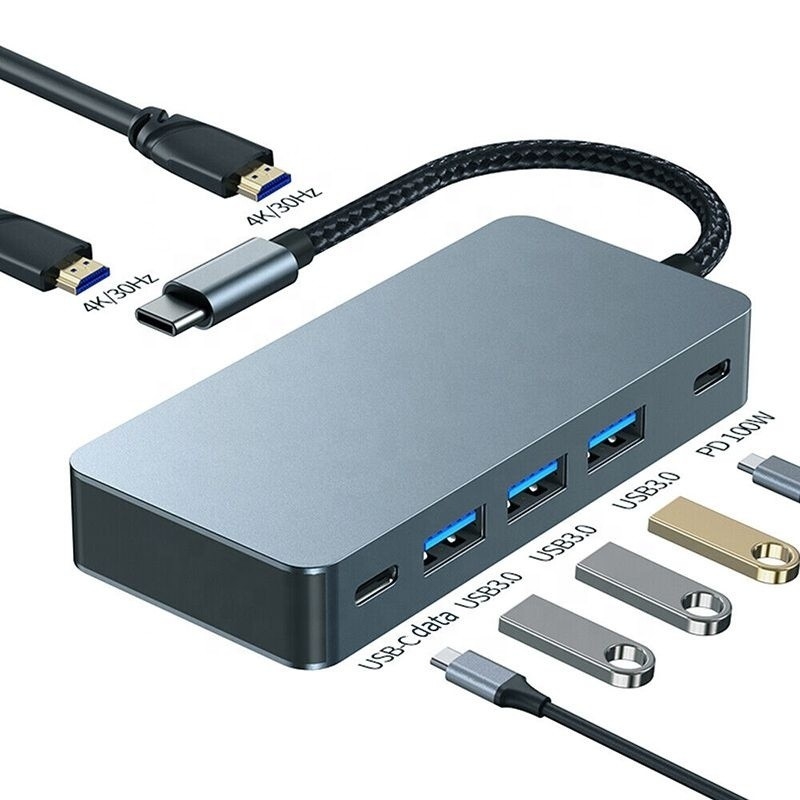 4K 30Hz HDMI مزدوج USB 3.0 محطة توصيل محول 7 في 1 Multiport USB C Type C Hub