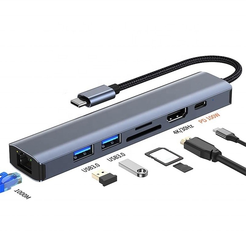 الرمادي 7 في 1 USB C Type C Hub مع 1000M RJ45 Gigabit Ethernet 4K HDMI PD 100W محول