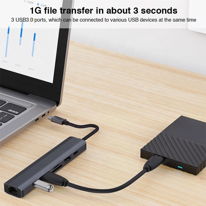 الرمادي 7 في 1 USB C Type C Hub مع 1000M RJ45 Gigabit Ethernet 4K HDMI PD 100W محول