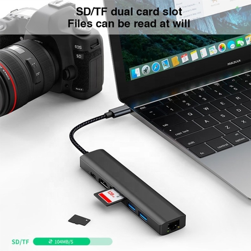 الرمادي 7 في 1 USB C Type C Hub مع 1000M RJ45 Gigabit Ethernet 4K HDMI PD 100W محول