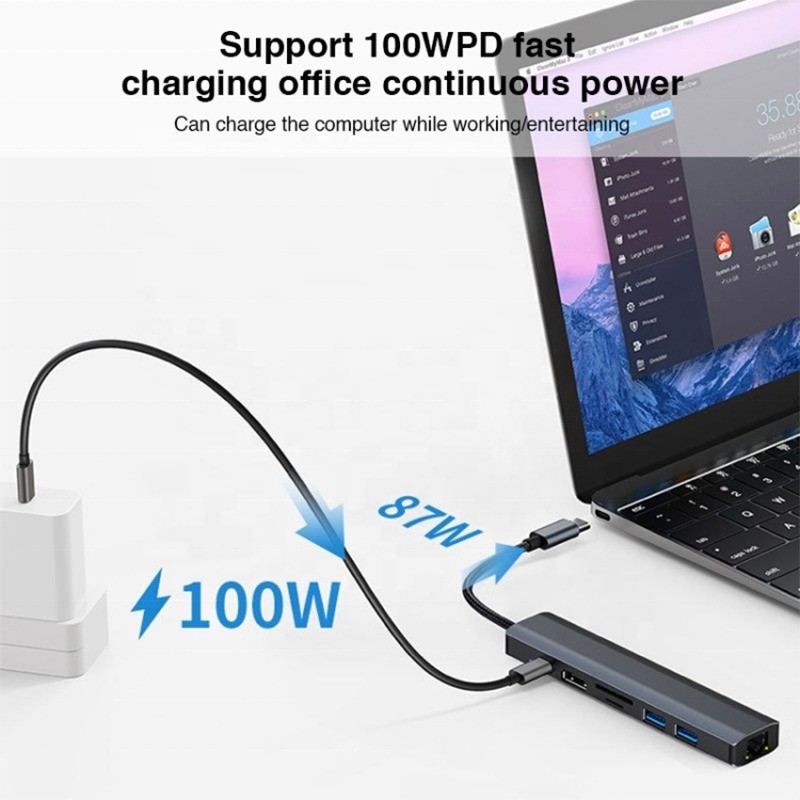 الرمادي 7 في 1 USB C Type C Hub مع 1000M RJ45 Gigabit Ethernet 4K HDMI PD 100W محول