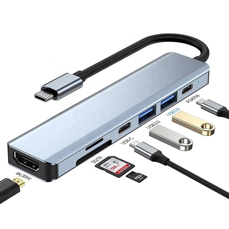 الرمادي 7 في 1 USB C إلى HDMI محول محور رصيف مع 4K HD HDMI PD SD TF SD / TF قارئ بطاقات