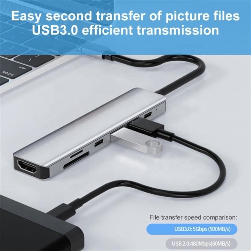 الرمادي 7 في 1 USB C إلى HDMI محول محور رصيف مع 4K HD HDMI PD SD TF SD / TF قارئ بطاقات