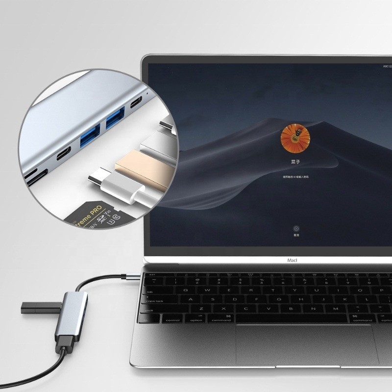 الرمادي 7 في 1 USB C إلى HDMI محول محور رصيف مع 4K HD HDMI PD SD TF SD / TF قارئ بطاقات