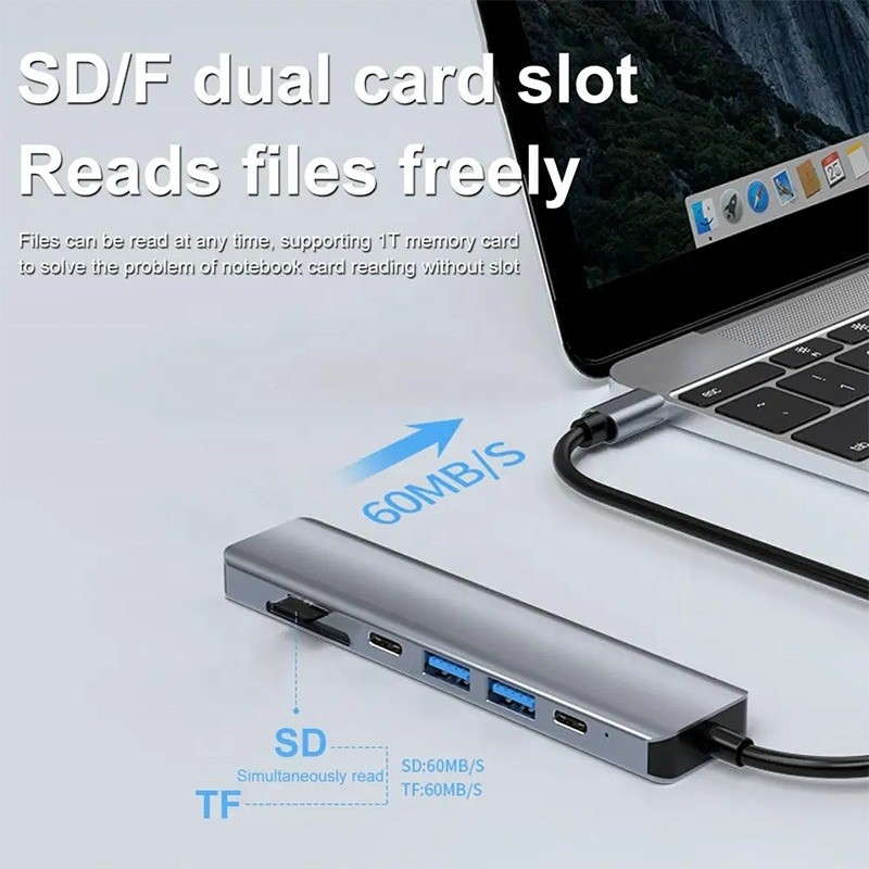 الرمادي 7 في 1 USB C إلى HDMI محول محور رصيف مع 4K HD HDMI PD SD TF SD / TF قارئ بطاقات
