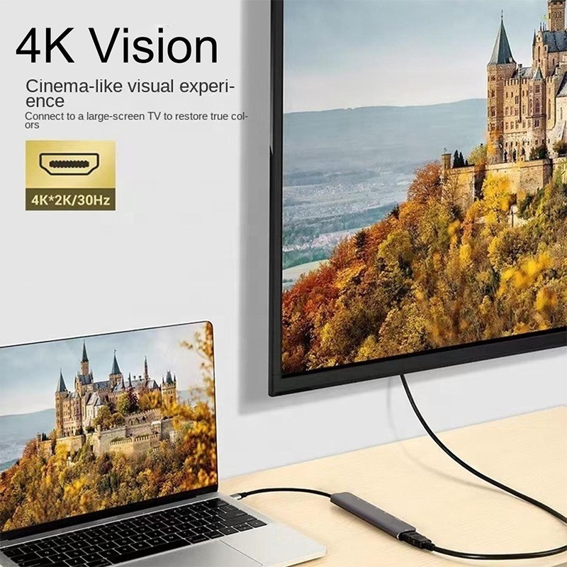 الرمادي 7 في 1 USB C إلى HDMI محول محور رصيف مع 4K HD HDMI PD SD TF SD / TF قارئ بطاقات