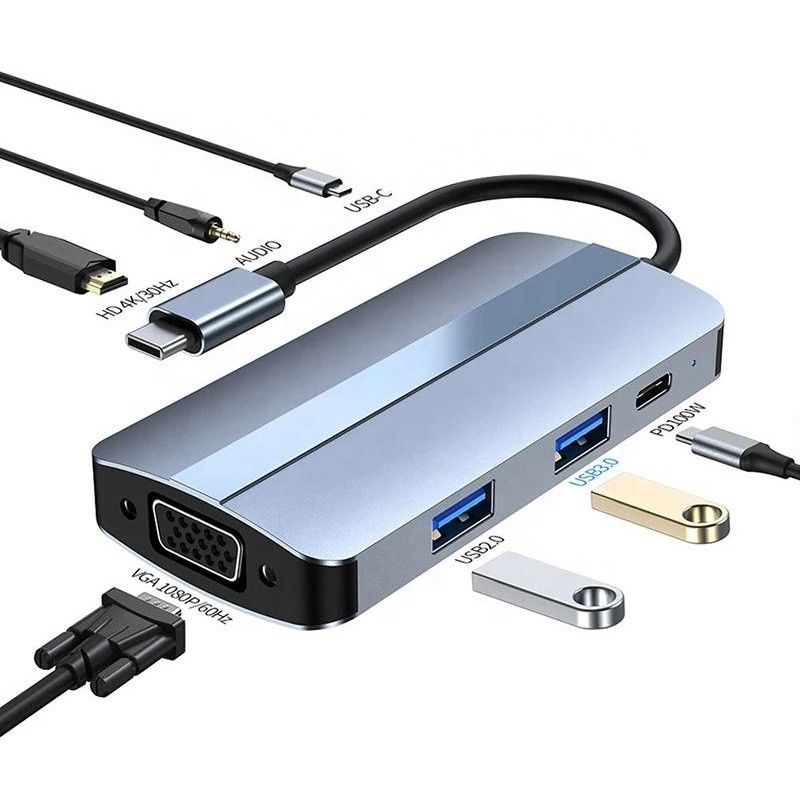 7-في-1 محول محور USB C من النوع C مع اللون الرمادي ومحطة رصيف HDMI VGA متعددة المنافذ 4K