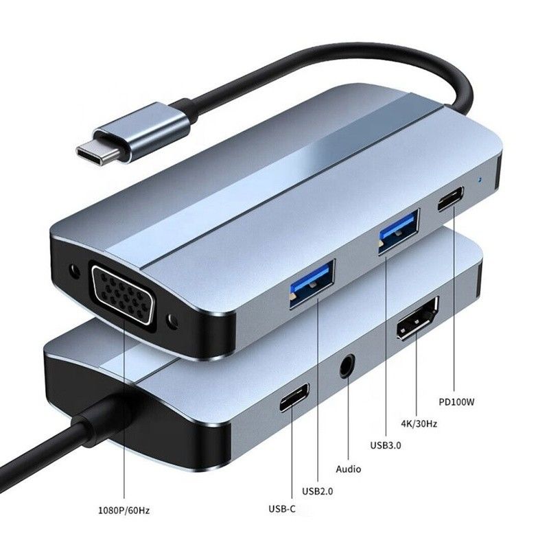 7-في-1 محول محور USB C من النوع C مع اللون الرمادي ومحطة رصيف HDMI VGA متعددة المنافذ 4K