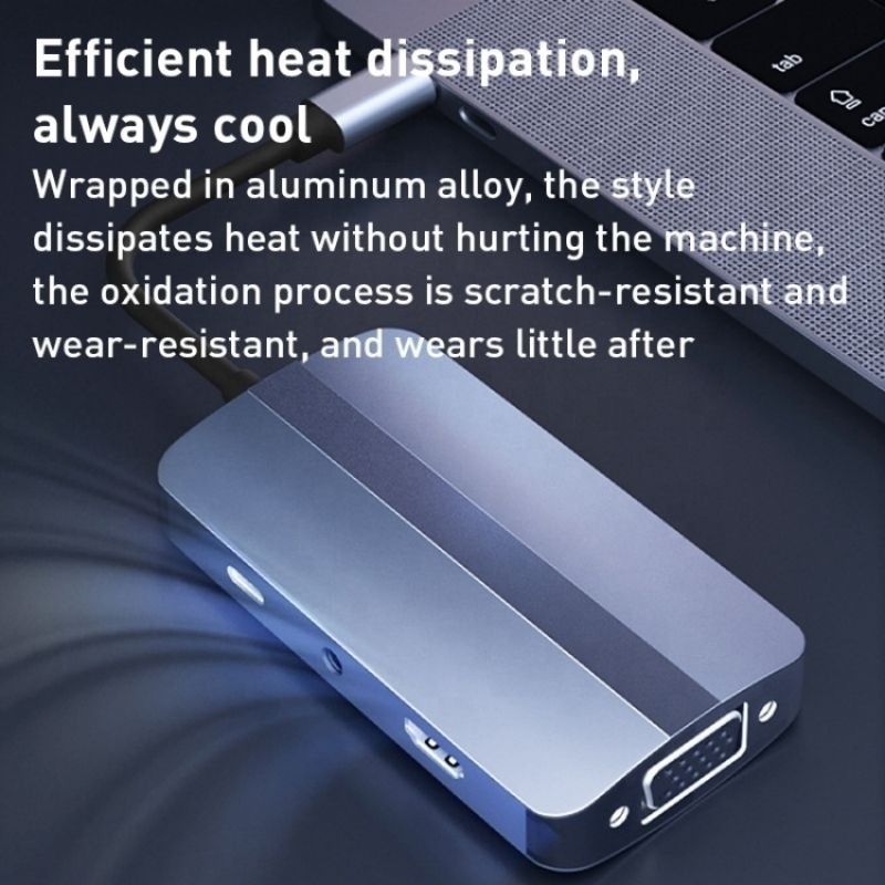 7-في-1 محول محور USB C من النوع C مع اللون الرمادي ومحطة رصيف HDMI VGA متعددة المنافذ 4K