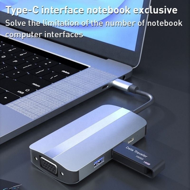 7-في-1 محول محور USB C من النوع C مع اللون الرمادي ومحطة رصيف HDMI VGA متعددة المنافذ 4K