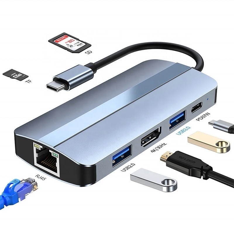 7 في 1 USB C محور USB-C لـ Macbook رمادي HDMI USB 3.0 USB2.0 RJ45 SD/TF قارئ بطاقات PD