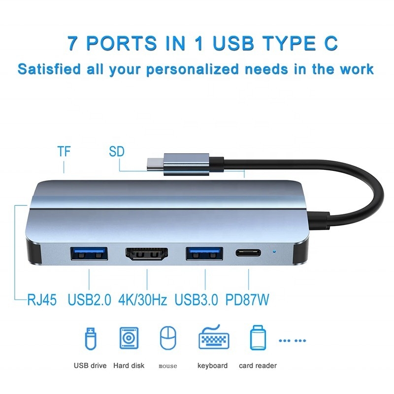7 في 1 USB C محور USB-C لـ Macbook رمادي HDMI USB 3.0 USB2.0 RJ45 SD/TF قارئ بطاقات PD