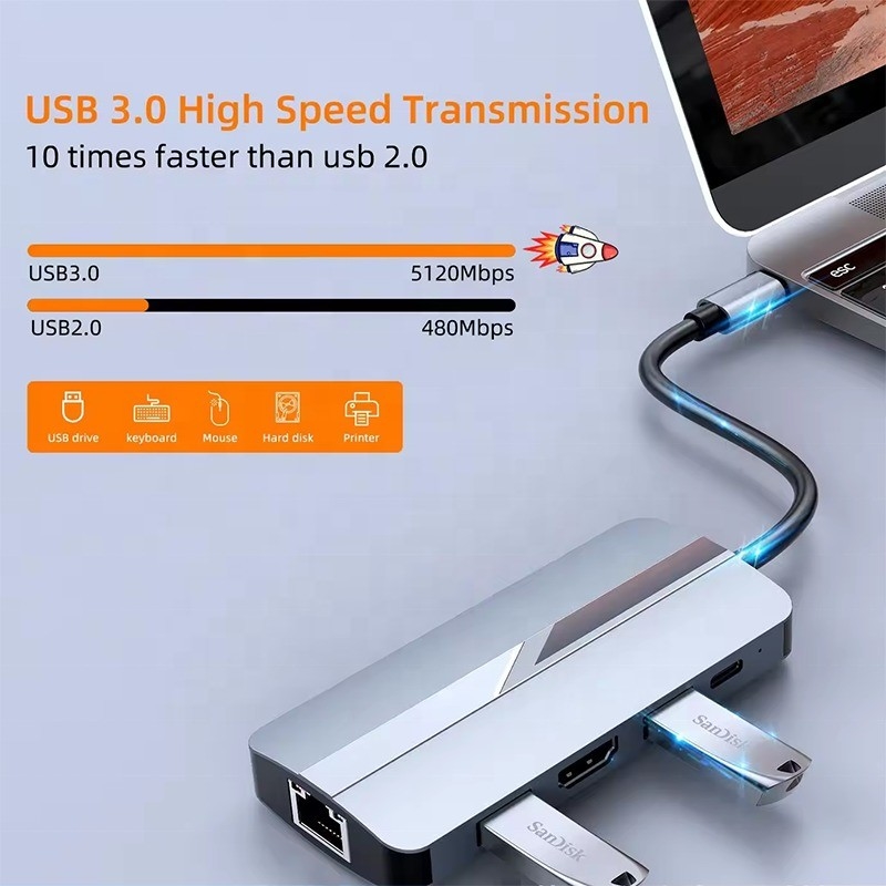 7 في 1 USB C محور USB-C لـ Macbook رمادي HDMI USB 3.0 USB2.0 RJ45 SD/TF قارئ بطاقات PD