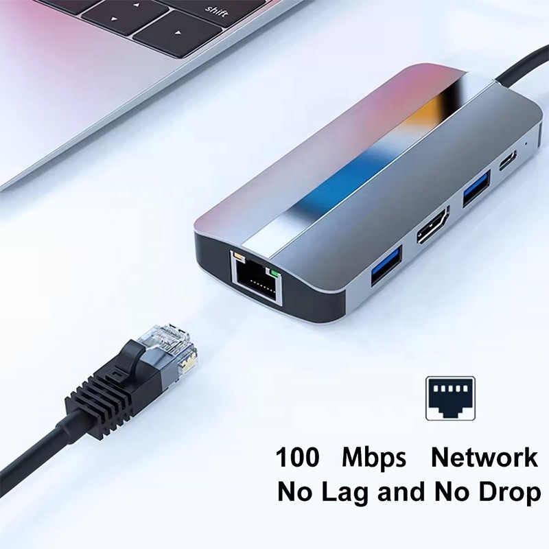 7 في 1 USB C محور USB-C لـ Macbook رمادي HDMI USB 3.0 USB2.0 RJ45 SD/TF قارئ بطاقات PD