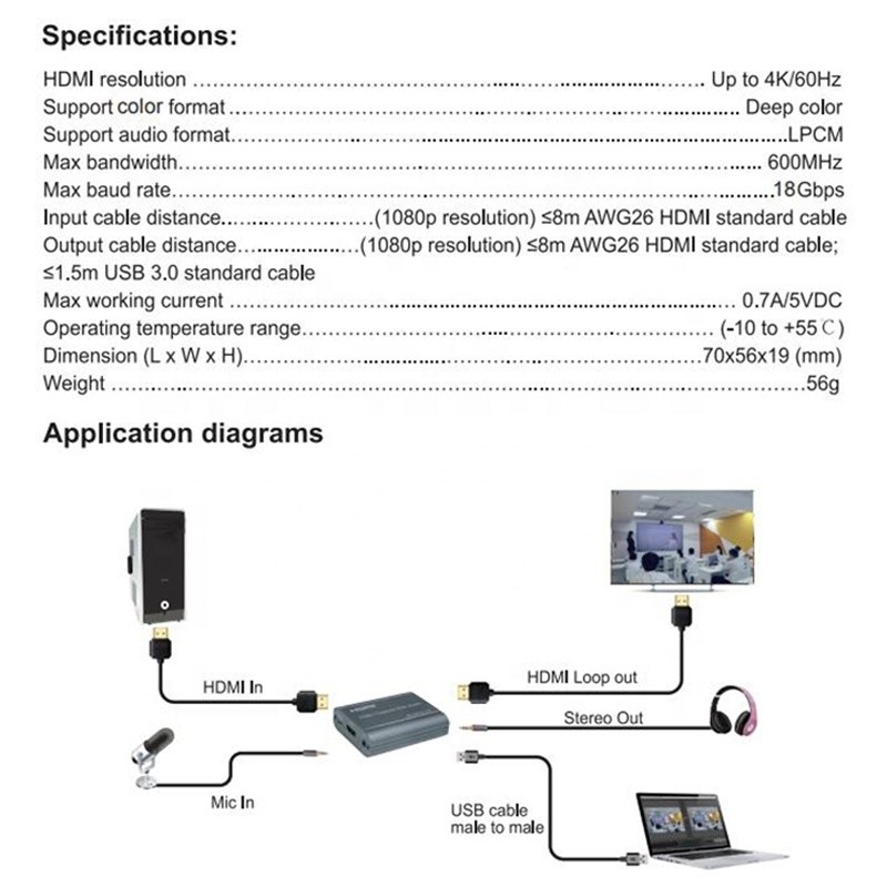 بطاقة تصوير فيديو 4K 60 هرتز HDMI إلى USB3.0 مع مخرج صوتي و USB 3.0