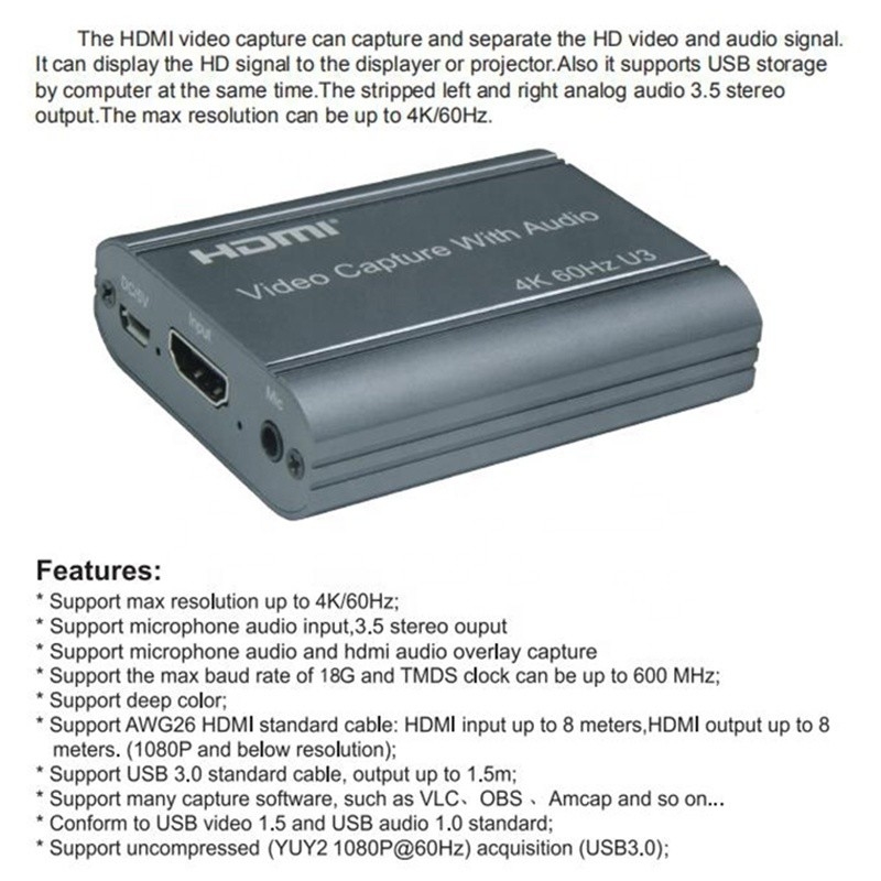بطاقة تصوير فيديو 4K 60 هرتز HDMI إلى USB3.0 مع مخرج صوتي و USB 3.0