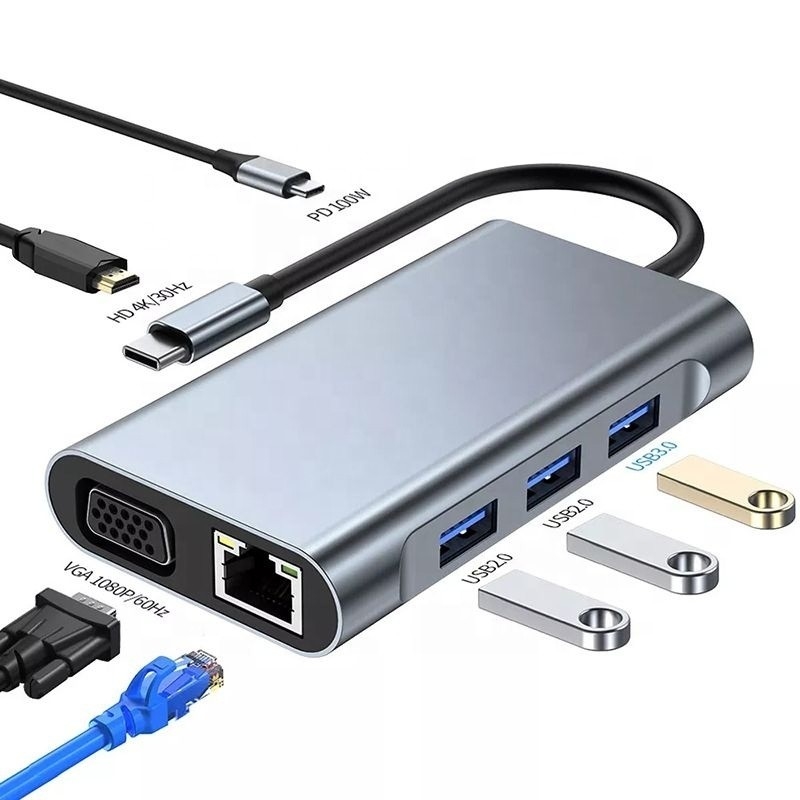11 في 1 محور USB-C نوع C إلى HDMI USB3.0 USB2.0 SD TF محور محول مع قارئ بطاقات