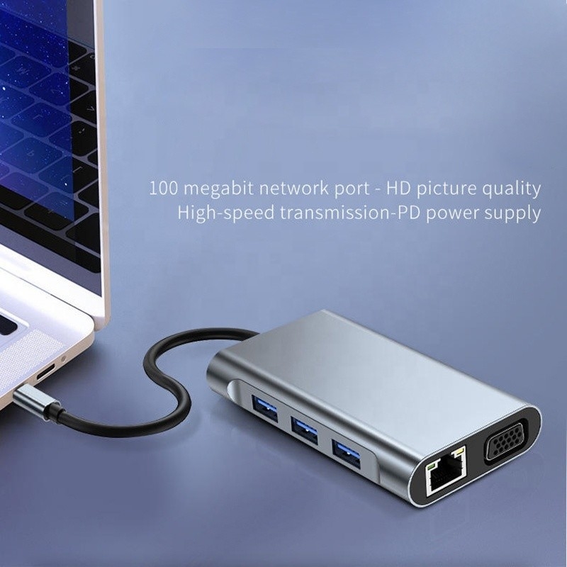 محطة توصيل 7 في 1 USB C Type C مع HDTV HDMI VGA USB RJ45 ونقل البيانات السريع
