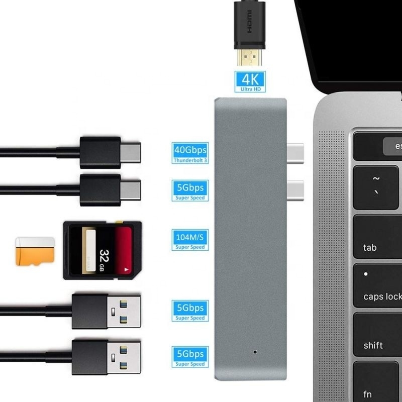 محطة توصيل 7-في-2 محور مع إدخال ذكر مزدوج من النوع C ونوع واجهة USB 3.1