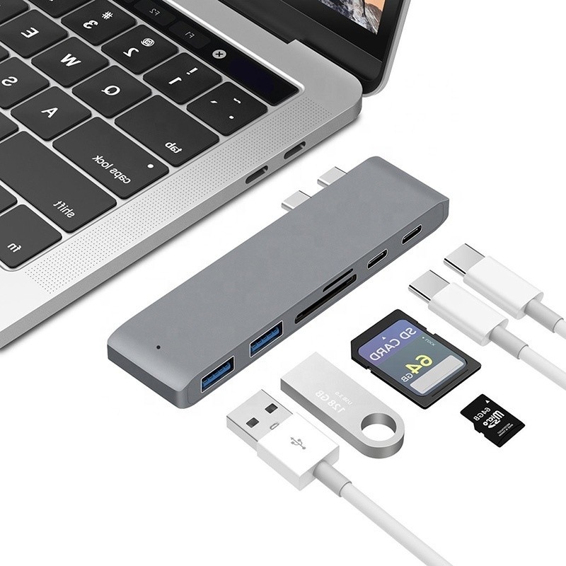 محطة توصيل متعددة المنافذ 6-في-1 محول محور C من النوع مع مخرج SD / TF 2 * USB3.0 2 * USB-C