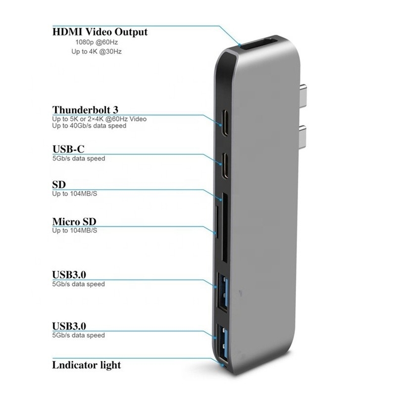 محطة توصيل متعددة المنافذ 6-في-1 محول محور C من النوع مع مخرج SD / TF 2 * USB3.0 2 * USB-C