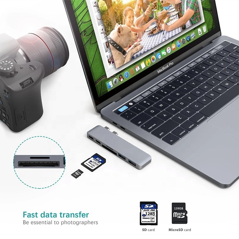 محطة توصيل متعددة المنافذ 6-في-1 محول محور C من النوع مع مخرج SD / TF 2 * USB3.0 2 * USB-C