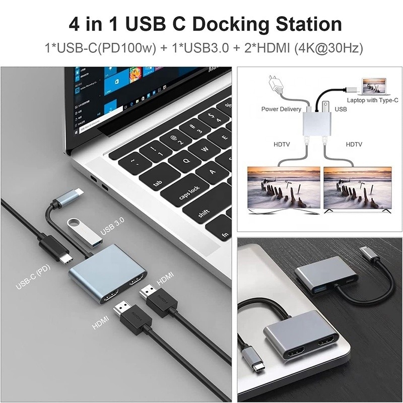 4-في-1 USB C إلى مزدوج 4K HDMI MST محول لشحن نقل البيانات وإخراج الفيديو