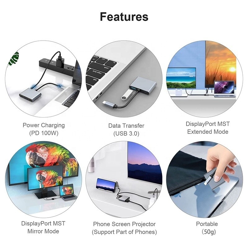 4-في-1 USB C إلى مزدوج 4K HDMI MST محول لشحن نقل البيانات وإخراج الفيديو