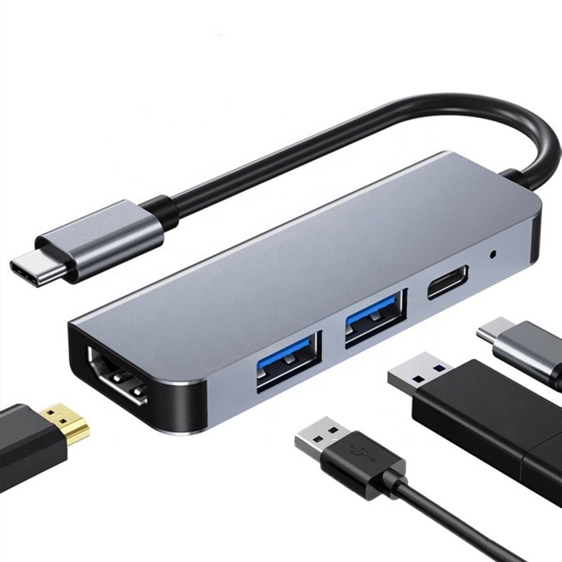 4K HDMI متوافق من النوع C إلى محور USB C محول مع 2 منفذ شحن USB3.0 وPD