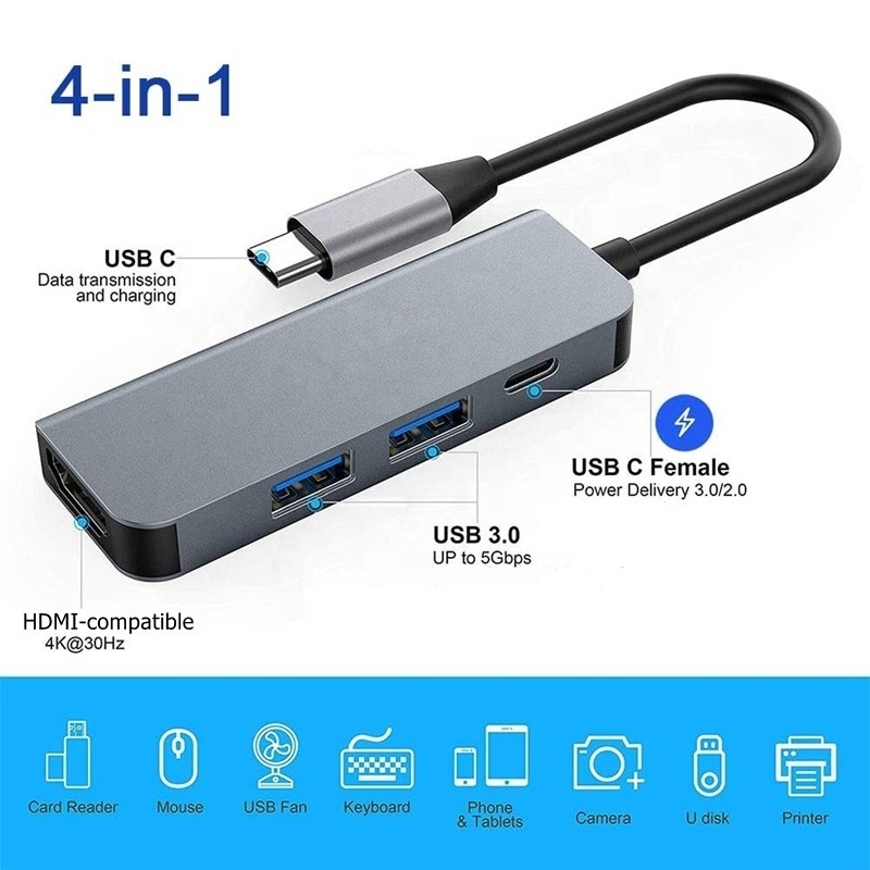 4K HDMI متوافق من النوع C إلى محور USB C محول مع 2 منفذ شحن USB3.0 وPD