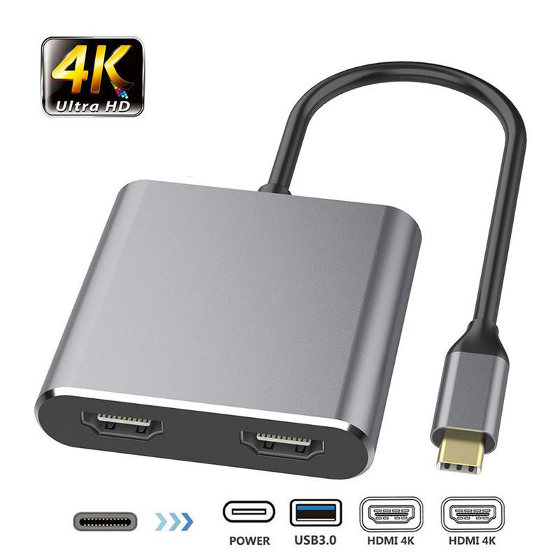 محطة توصيل 4 في 1 مع منفذين HDMI مزدوجين 4K ومحول USB-C Type-C إلى HDMI مزدوج
