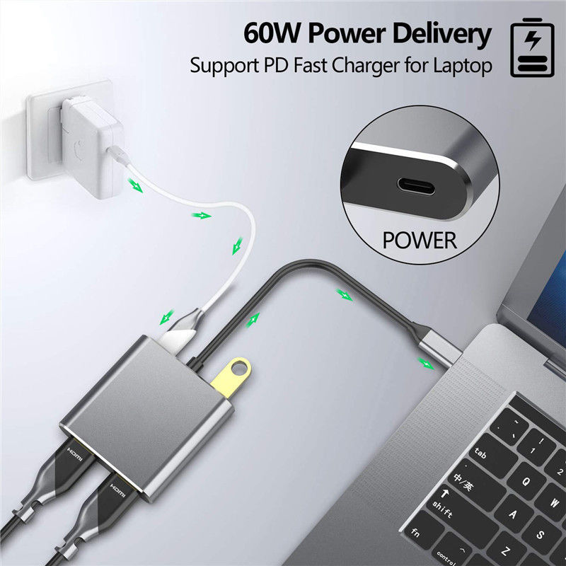 محطة توصيل 4 في 1 مع منفذين HDMI مزدوجين 4K ومحول USB-C Type-C إلى HDMI مزدوج