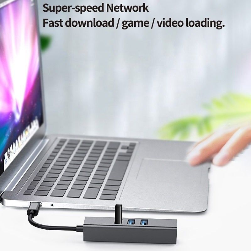 USB 3.1 Type C إلى 9 منافذ USB3.0 Hub مع Gigabit Ethernet RJ45 Lan Port Adapter رمادي