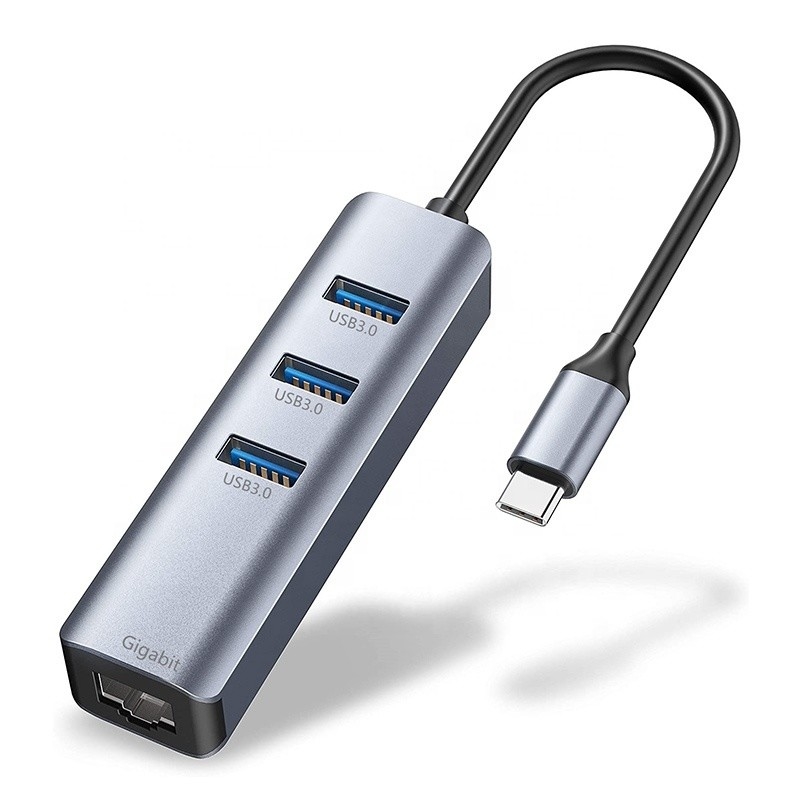 واجهة USB 3.1 من نوع C إلى 9 منافذ محول USB A 3.0 مع بطاقة شبكة Gigabit Ethernet RJ45 رمادي