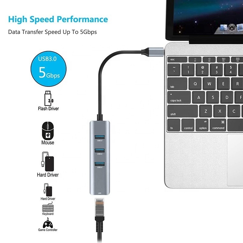 واجهة USB 3.1 من نوع C إلى 9 منافذ محول USB A 3.0 مع بطاقة شبكة Gigabit Ethernet RJ45 رمادي
