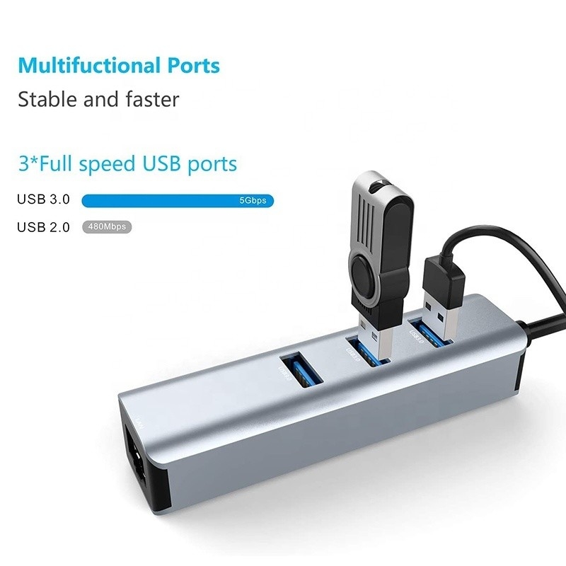 واجهة USB 3.1 من نوع C إلى 9 منافذ محول USB A 3.0 مع بطاقة شبكة Gigabit Ethernet RJ45 رمادي