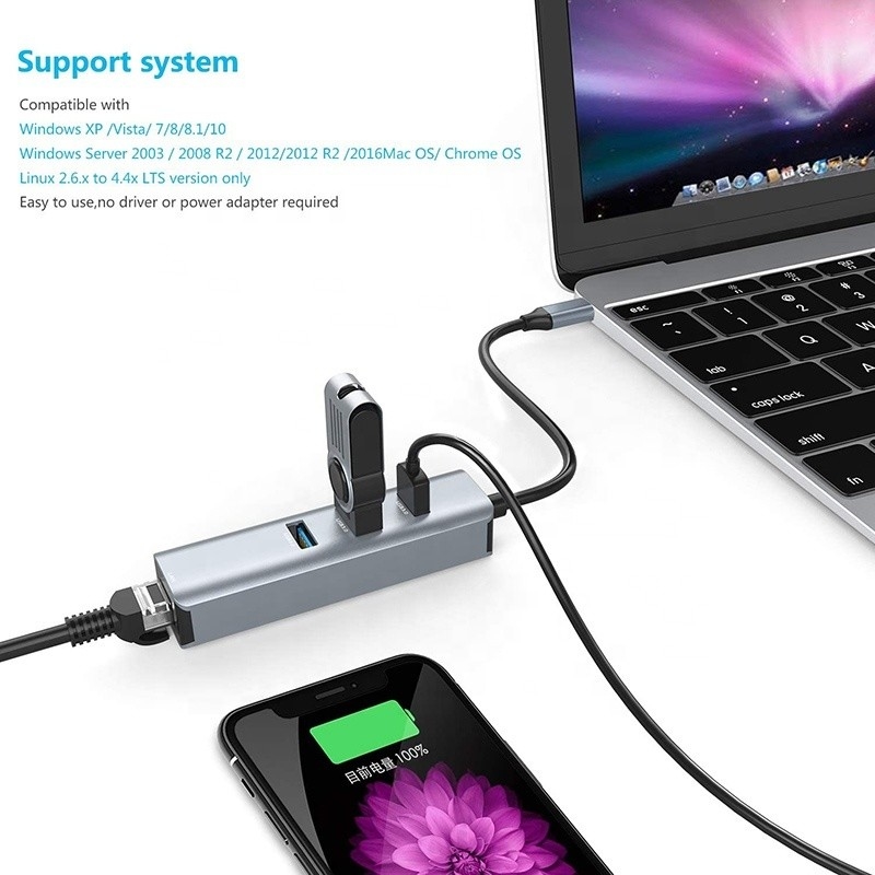 واجهة USB 3.1 من نوع C إلى 9 منافذ محول USB A 3.0 مع بطاقة شبكة Gigabit Ethernet RJ45 رمادي