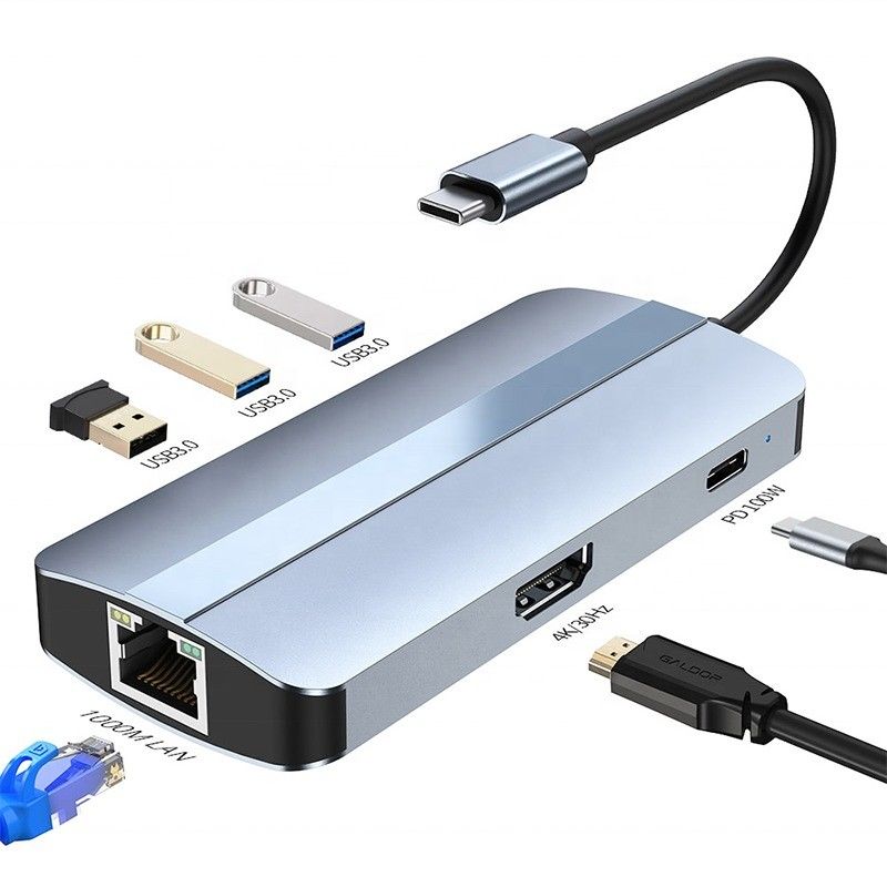 6 في 1 محور USB A 4K HDMI USB3.0 RJ45 1000Mbps محول شحن PD