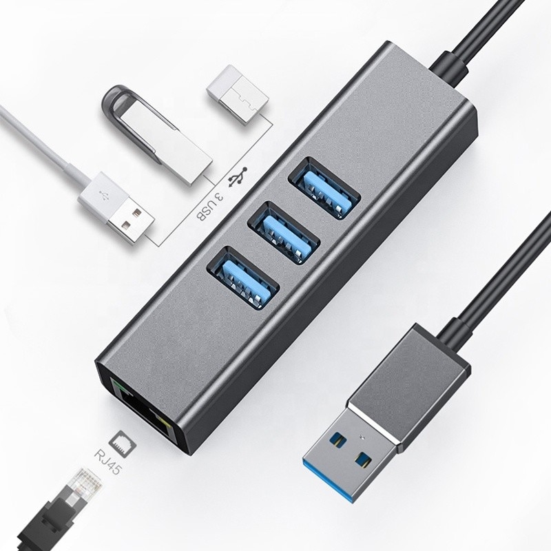 مركز USB3.0 الرمادي ومحول LAN RJ45 مع 3 منافذ USB بطاقة شبكة Gigabit Ethernet