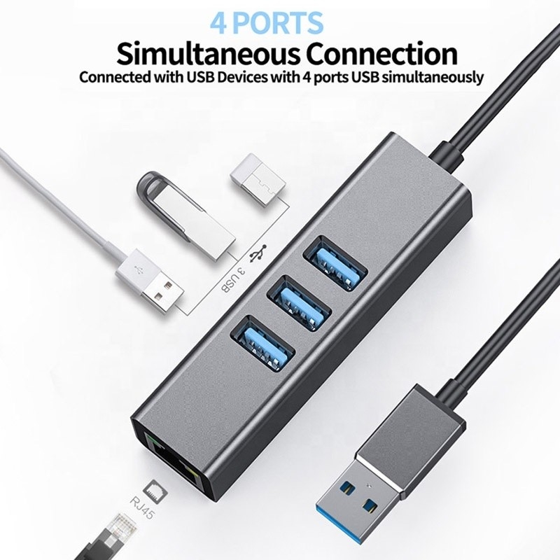 مركز USB3.0 الرمادي ومحول LAN RJ45 مع 3 منافذ USB بطاقة شبكة Gigabit Ethernet