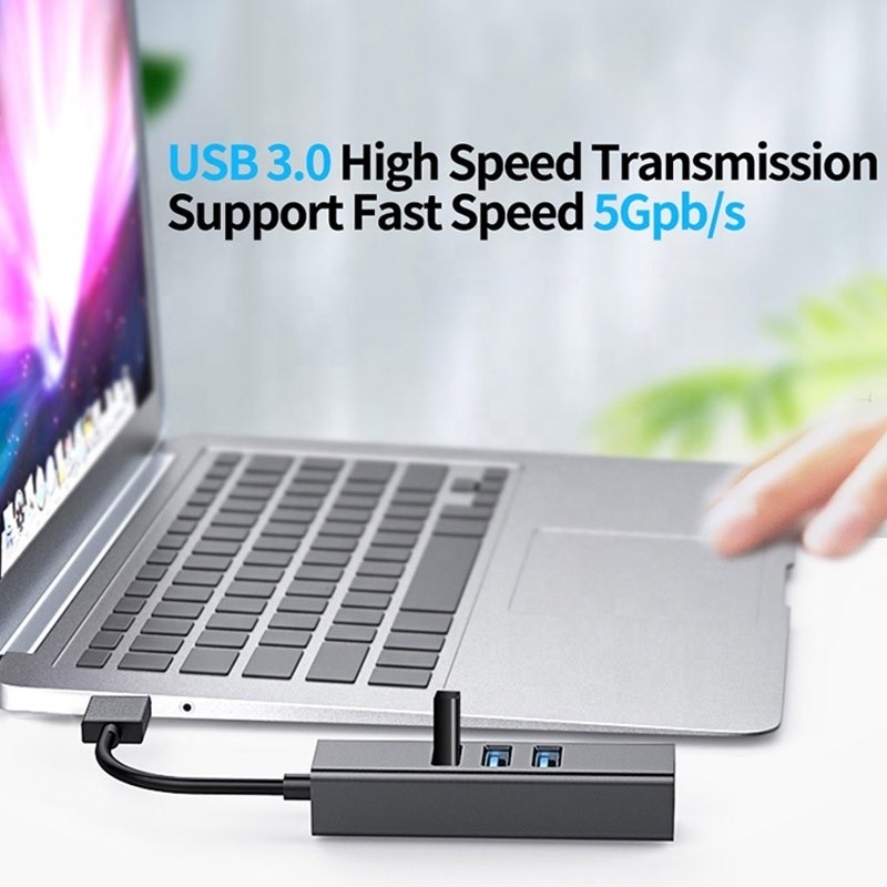 مركز USB3.0 الرمادي ومحول LAN RJ45 مع 3 منافذ USB بطاقة شبكة Gigabit Ethernet