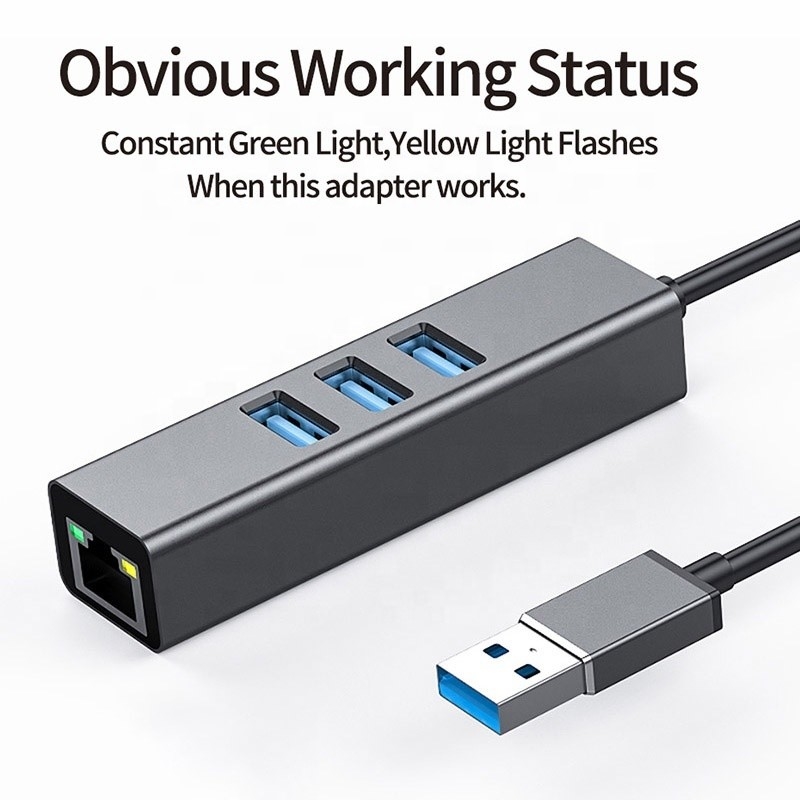مركز USB3.0 الرمادي ومحول LAN RJ45 مع 3 منافذ USB بطاقة شبكة Gigabit Ethernet