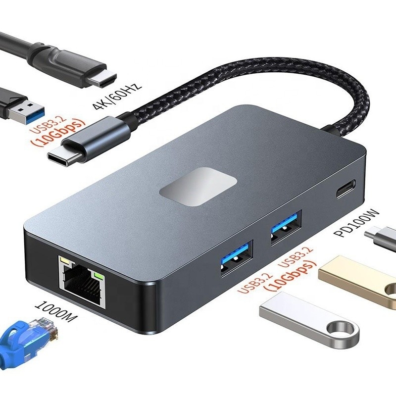 8-In-1 Multiport Adapter USB-C Hub مع HDMI 3 USB3.0 RJ45 و PD Output 5-8 منافذ