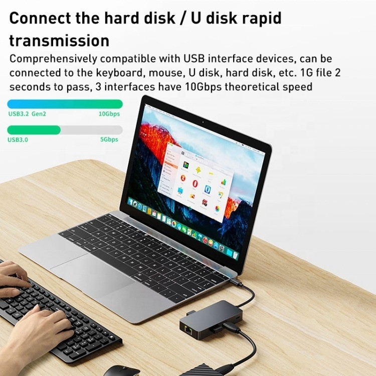 8-In-1 Multiport Adapter USB-C Hub مع HDMI 3 USB3.0 RJ45 و PD Output 5-8 منافذ