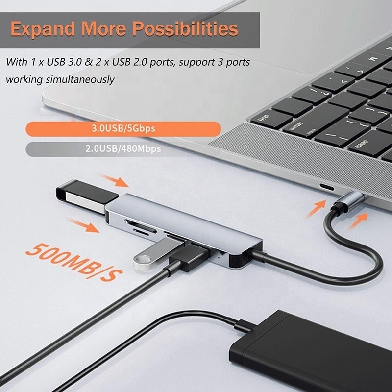 USB A/C مدخل USB 3.0 Type C Multiport Adapter Docking Station مع قارئ بطاقات SD/TF