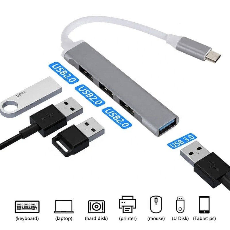 الألومنيوم 4 منفذ USB Type-C إلى USB 3.0 2.0 مركز البيانات لنقل البيانات عالية السرعة