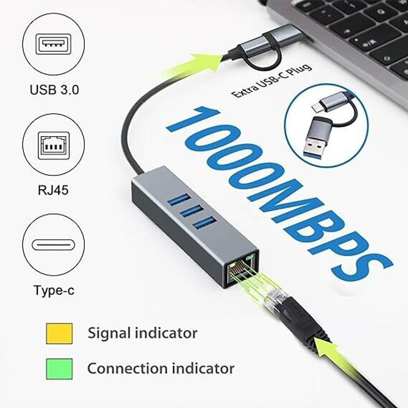 محول USB Type-C إلى Ethernet مع 14 منفذ USB 1000 Mbit / s Gigabit RJ45 LAN Hub