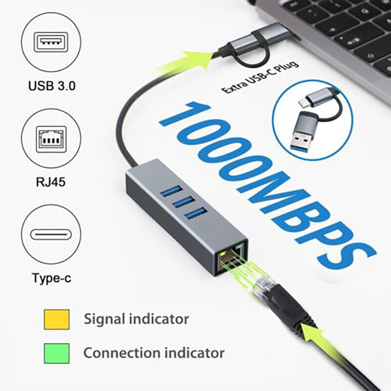 محول USB Type-C إلى Ethernet مع 14 منفذ USB 1000 Mbit / s Gigabit RJ45 LAN Hub