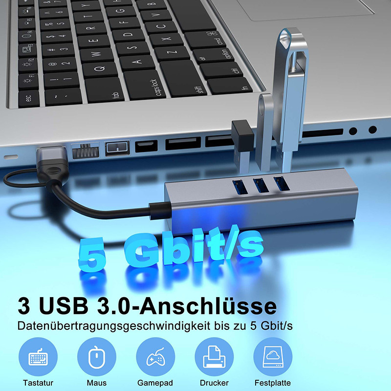 محور USB Type C LAN 6-in-2 USB C مع 3 منافذ USB 3.0 و RJ45 واجهة Gigabit LAN